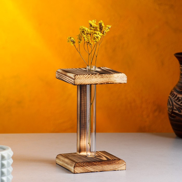 Кашпо деревянное 9×9×16 см с 1 колбой "Квадрат", обжиг Дарим Красиво - Фото 1
