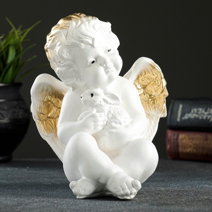Фигура "Ангел с кроликом" белый 19х16х14см