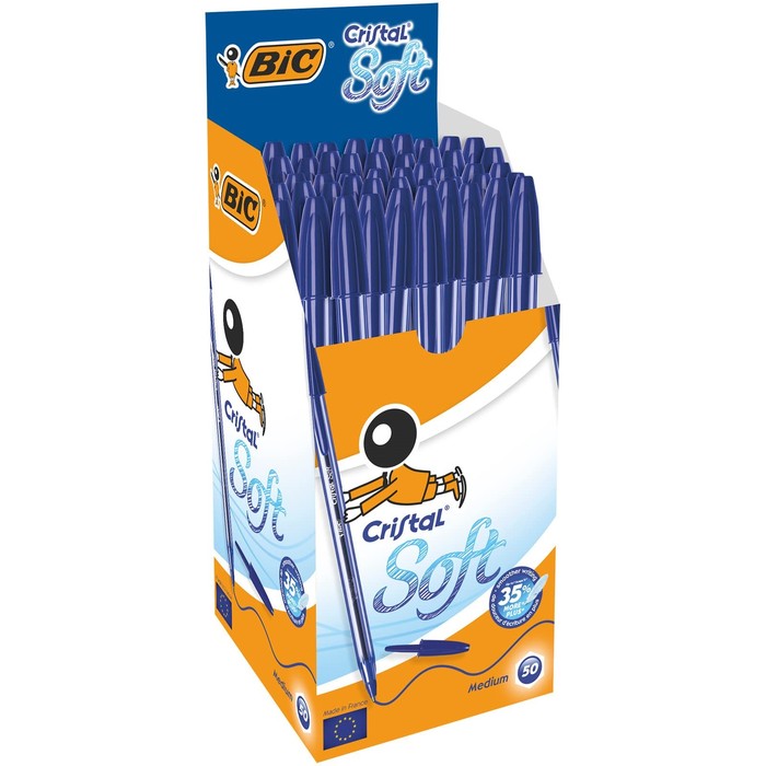 Ручка шариковая, чернила синие, BIC Cristal Soft, узел 1.2 мм, мягкое экономичное широкое письмо, прозрачный тонированный корпус
