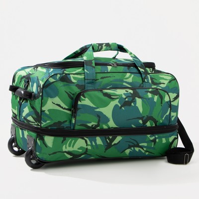 Сумка дорожная на колёсах, отдел на молнии с увеличением, наружный карман, длинный ремень, цвет зелёный