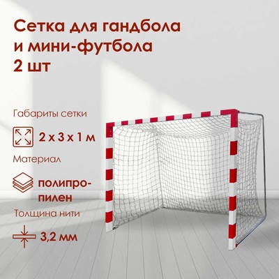 Сетка для гандбола и мини-футбола, 2х3х1 м, нить 2,2 мм, ячейки 100х100 мм, 2 шт.