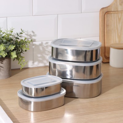 Набор салатников из нержавеющей стали с крышками, 5 шт.: 350 мл, 700 мл, 850 мл, 1.3 л, 1.6 л