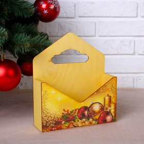 Кашпо деревянное "Конверт, Новогодний №3", деревянная ручка, жёлтое, 20,5×18×6 см