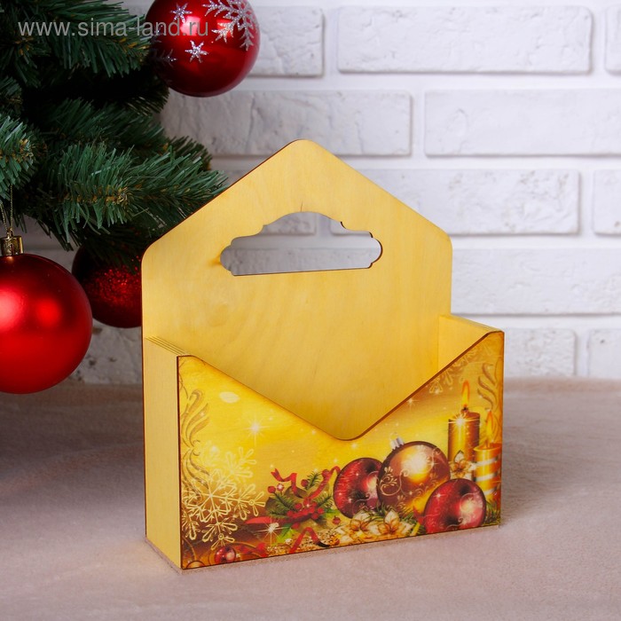 Кашпо деревянное "Конверт, Новогодний №3", деревянная ручка, жёлтое, 20,5×18×6 см - Фото 1