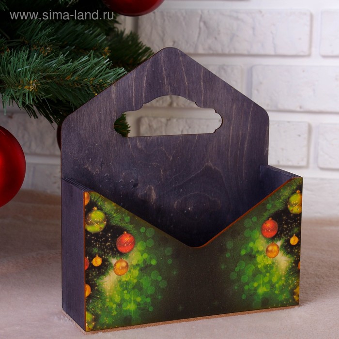 Кашпо деревянное "Конверт, Новогодний №2", деревянная ручка, чёрное, 20,5×18×6 см - Фото 1