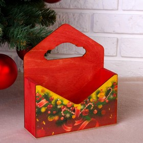 Кашпо деревянное "Конверт, Новогодний №4", деревянная ручка, красное, 20,5×18×6 см