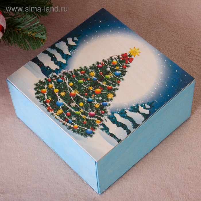 Коробка подарочная " Новогодняя, c ёлкой", голубая, 20×20×10 см - Фото 1