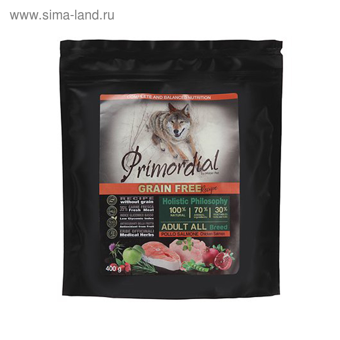 Сухой корм PRIMORDIAL для собак, беззерновой, курица/лосось, 400 г - Фото 1