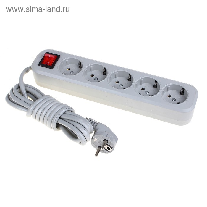 Удлинитель сетевой на 5 розеток, провод 3 м, 10 А, 220V - Фото 1