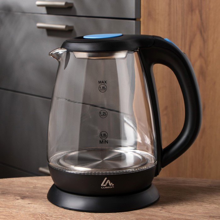 Чайник электрический Luazon LSK-1810, стекло, 1.8 л, 1500 Вт, подсветка, черный - Фото 1