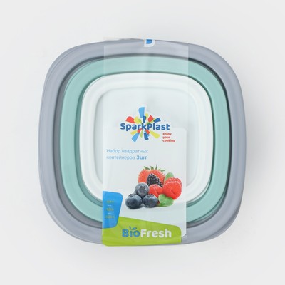Набор контейнеров квадратных SparkPlast BioFresh, 3 шт.: 0.23 л, 0.5 л, 0.9 л, прозрачный, крышка МИКС