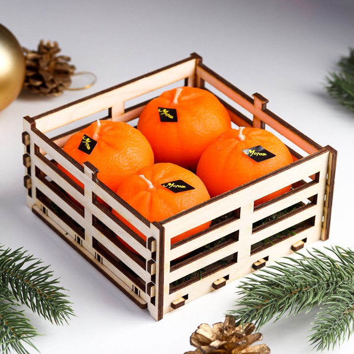 Набор новогодних свечей "Мандарины в ящике", 4 шт, 13,6×13,6×6,6 см - Фото 1