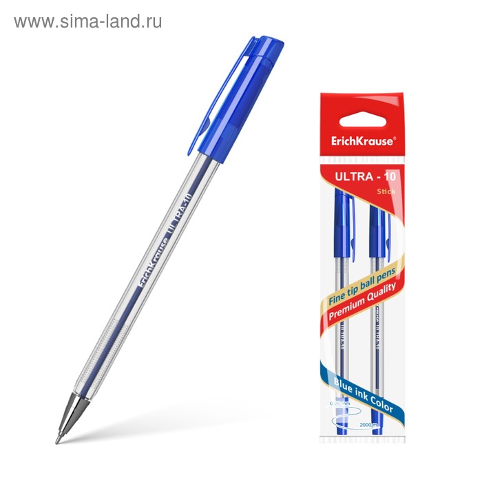 Набор ручек шариковых 2 штуки ErichKrause ULTRA-10, узел-игла 0.26 мм, чернила синие, длина линии письма 2000 м - Фото 1