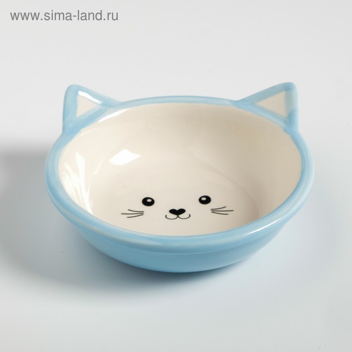 Миска керамическая круглая "Кошачья мордочка", 250 мл, 13,2 х 13,2 х 5 см, бело-голубая - Фото 1