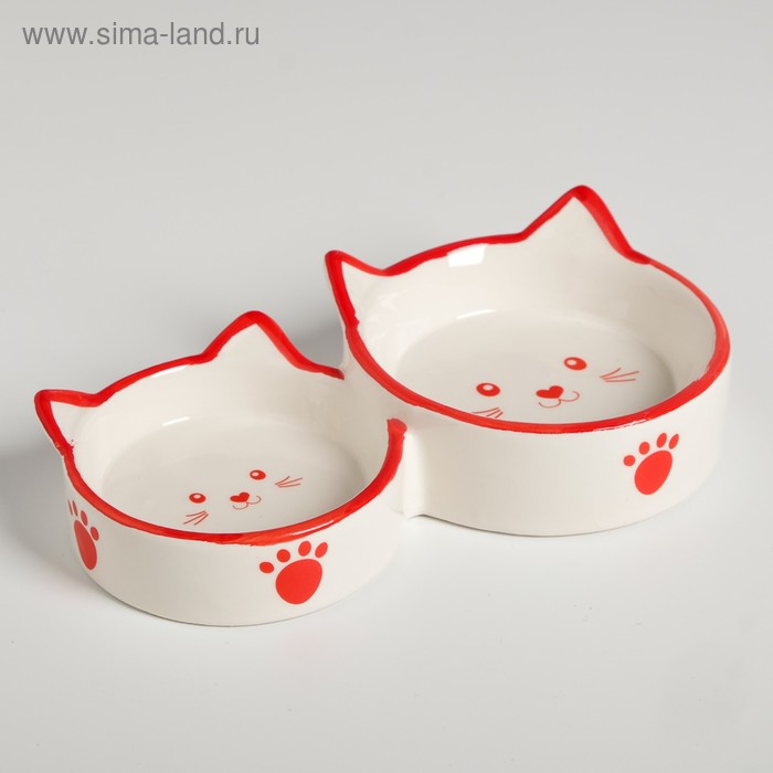 Миска керамическая "Кошачье семейство" двойная, 50/100 мл, бело-красная - Фото 1