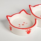 Миска керамическая "Кошачье семейство" двойная, 50/100 мл, бело-красная - Фото 3