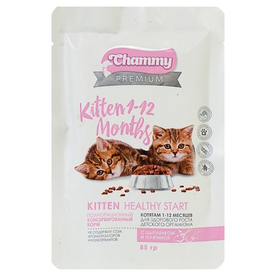 Влажный корм Chammy Premium для котят, цыпленок/телятина, 85 г