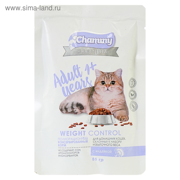 Влажный корм Chammy Premium для домашних кошек, склонных к полноте, индейка, 85 г - Фото 1