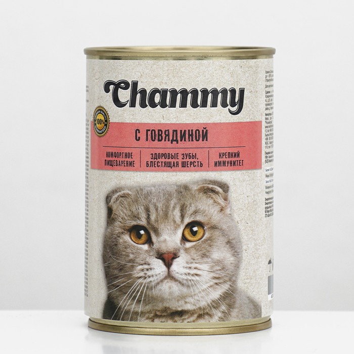Влажный корм Chammy для кошек, говядина в соусе, ж/б, 415 г - Фото 1