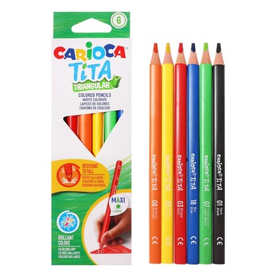 Карандаши 6 цветов, Carioca "Maxi Tita", пластик, трёхгранные, грифель 5.0 мм, утолщенные, ударопрочные