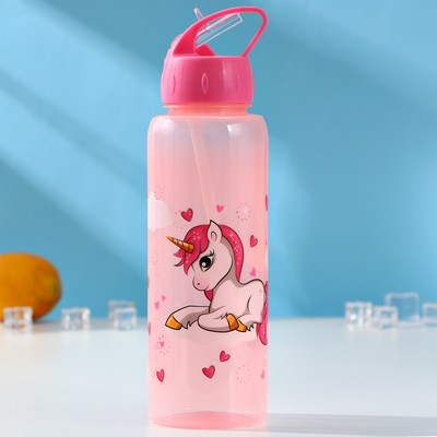 Бутылка для воды «Единороги», с трубочкой, 850 мл, МИКС