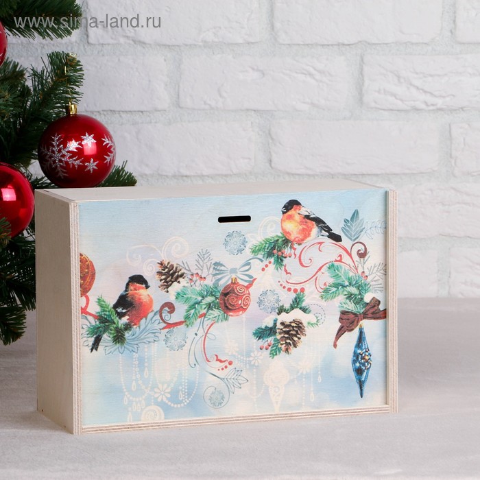 Коробка подарочная "Новогодняя, со снегирями", натуральная, 20×30×12 см - Фото 1