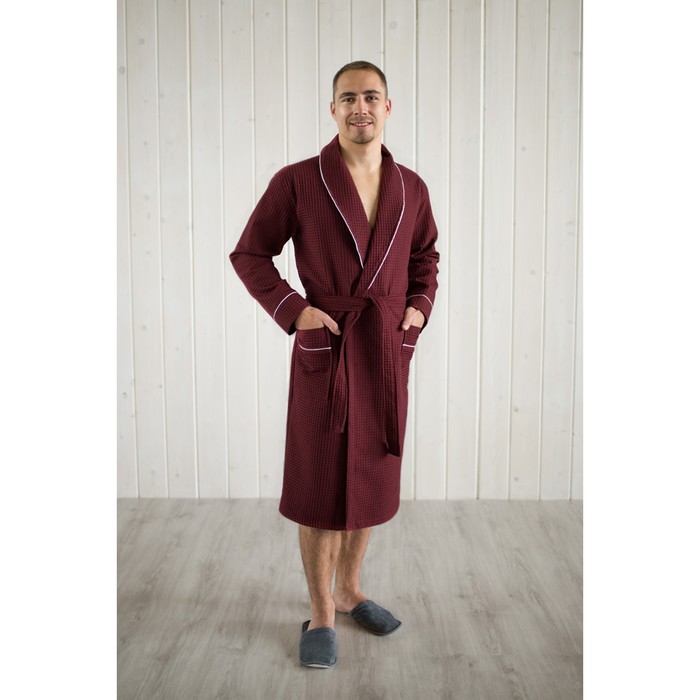 Халат мужской, шалька+кант, размер 58, цвет кирпичный, вафля