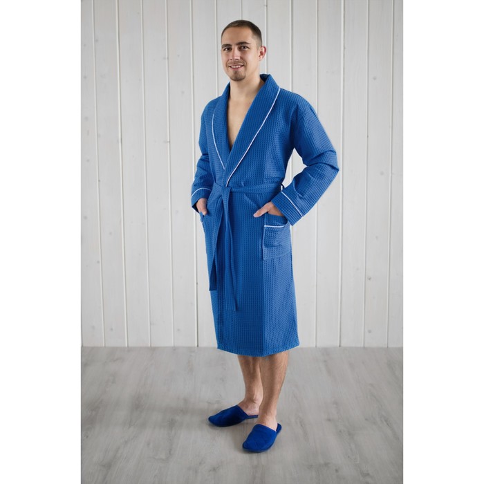 Халат мужской, шалька+кант, размер 60, цвет синий, вафля