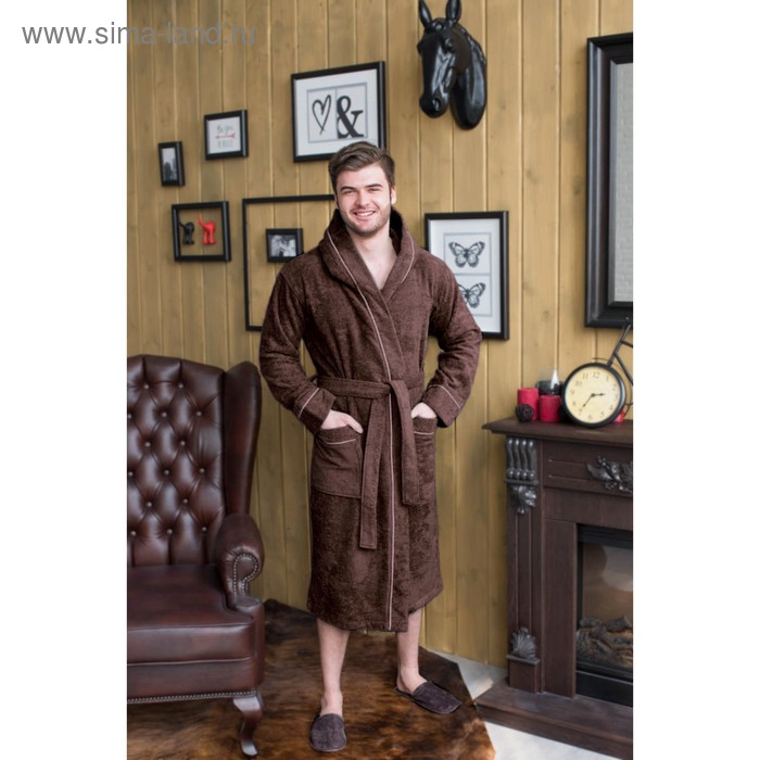 Халат мужской с капюшоном, размер 52, цвет шоколадный, махра