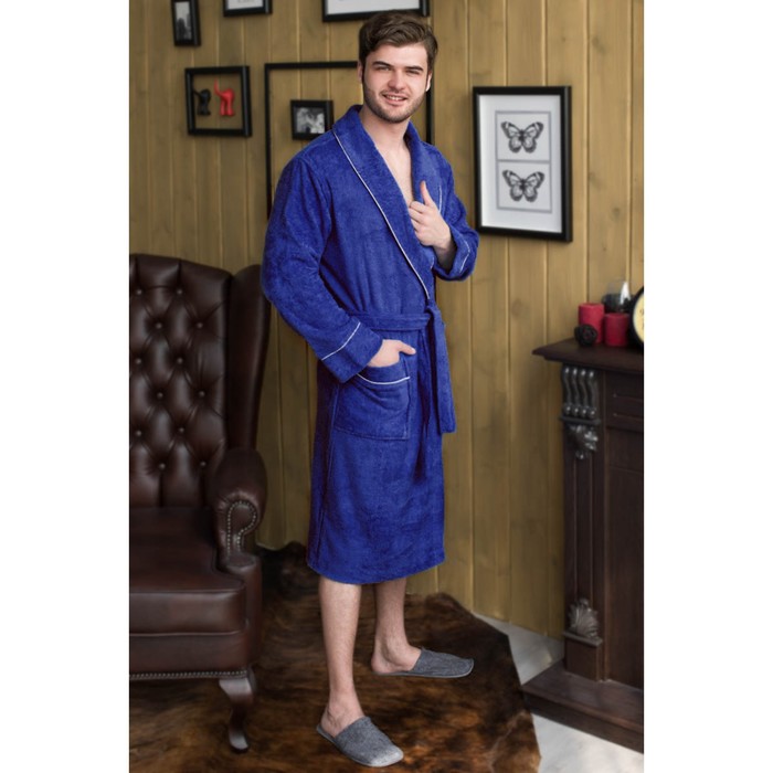 Халат мужской, шалька+кант, размер 64, цвет синий, махра