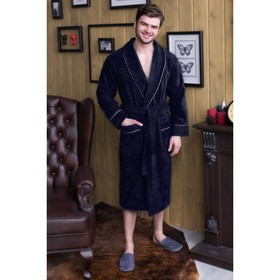 Халат мужской, шалька+кант, размер 58, цвет тёмно-синий, махра
