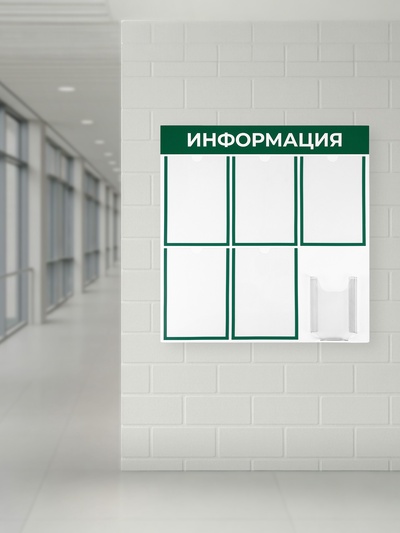 Информационный стенд «Информация», 72×74 см, 6 карманов (5 плоских А4, 1 объемный А5), зелёный