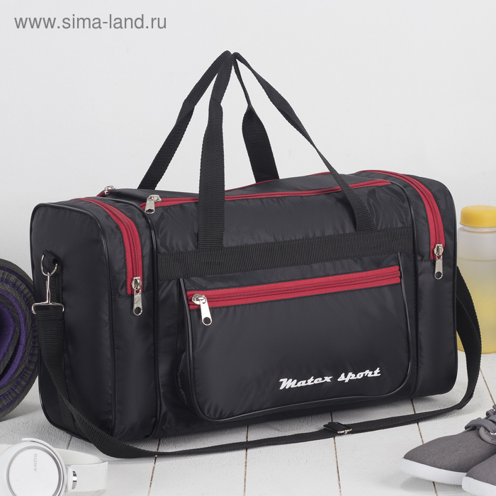 Сумка спортивная, отдел на молнии, 3 наружных кармана, длинный ремень, цвет чёрный/красный - Фото 1