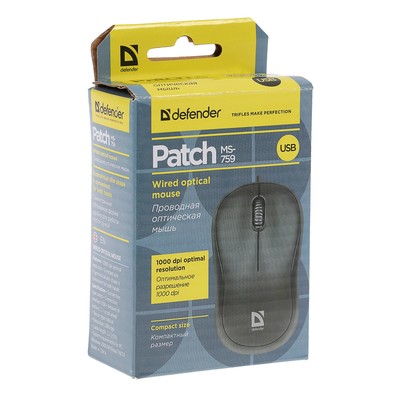 Мышь Defender Patch MS-759, проводная, оптическая, 3 кнопки, 1000 dpi, USB, чёрная