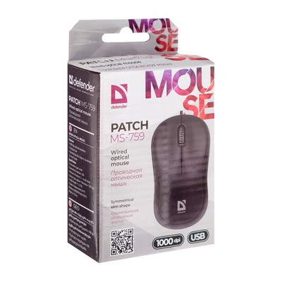Мышь Defender Patch MS-759, проводная, оптическая, 3 кнопки, 1000 dpi, USB, чёрная