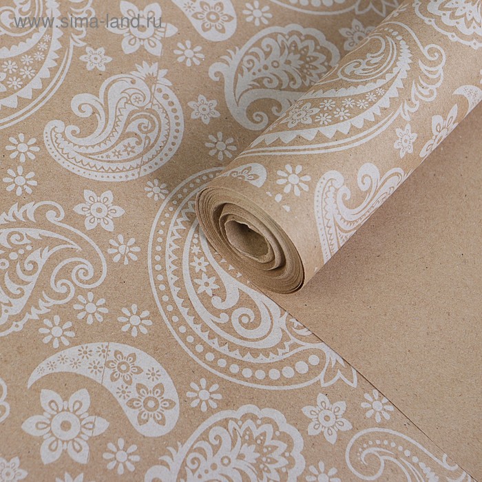 Бумага упаковочная крафт "Огуречный узор белый", 0,72 х 10 м, 70 г/м² /м2 - Фото 1