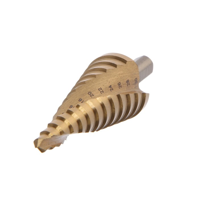 Сверло ступенчатое ТУНДРА ПРОФИ, HSS, TiN, спиральный профиль, трехгранный хвостовик, 6-30 мм - Фото 1
