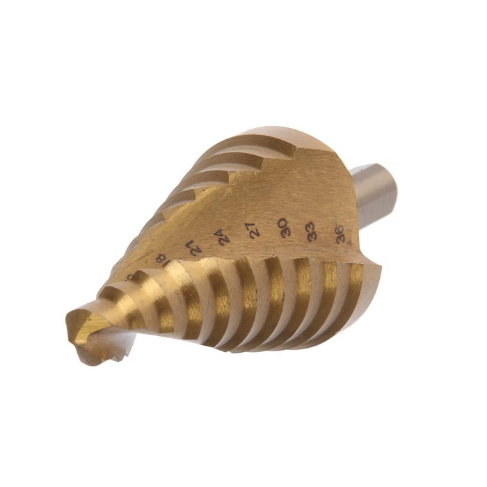 Сверло ступенчатое ТУНДРА ПРОФИ, HSS, TiN, спиральный профиль, трехгранный хвостовик, 9-36 мм - Фото 1