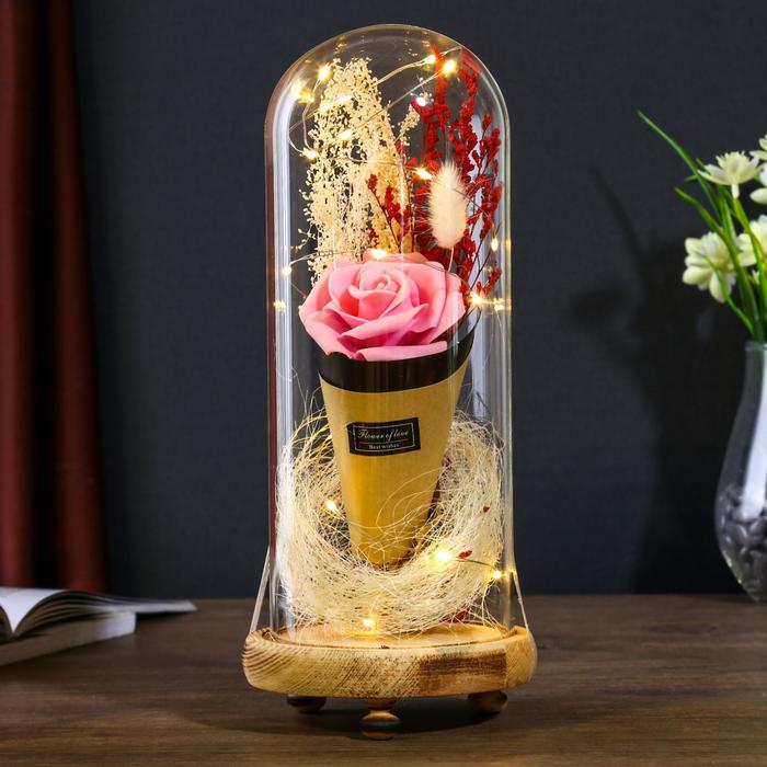 Фигурка светящаяся колба RISALUX «Розовая роза в букете», LED-ночник, 3ААА, 10×10×21 см - Фото 1