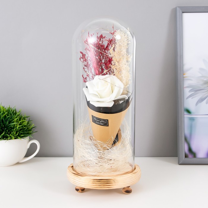 Фигурка светящаяся колба RISALUX «Белая роза в букете», LED-ночник, 3×ААА, 10×10×21 см - Фото 1