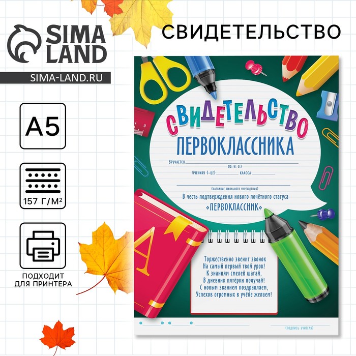 Грамота школьная на 1 сентября «Свидетельство первоклассника», А5, 157 г/м². - Фото 1