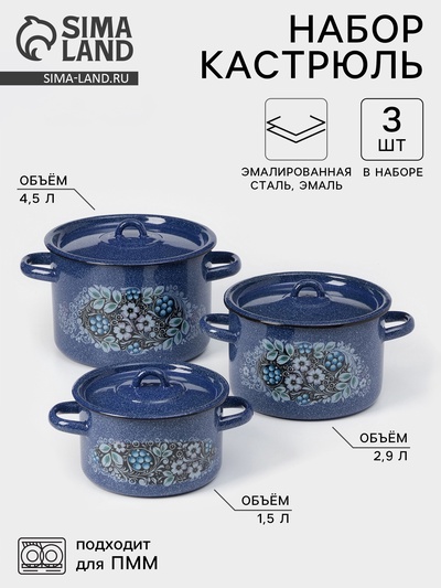 Набор эмалированных кастрюль «Голубика», 3 шт.: 1.5 л, 2.9 л, 4.5 л, синий