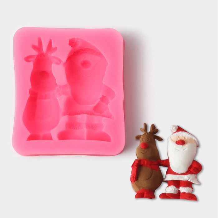 Силиконовый молд «Дед Мороз и олень», 6,5×5,7×1,8 см, цвет розовый - фото 8838718