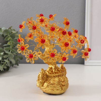 Сувенир бонсай "Цветочное денежное дерево в мешке с драконами" 35 цветов 18х18х7,5 см