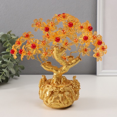 Сувенир бонсай "Цветочное денежное дерево в мешке с драконами" 35 цветов 18х18х7,5 см