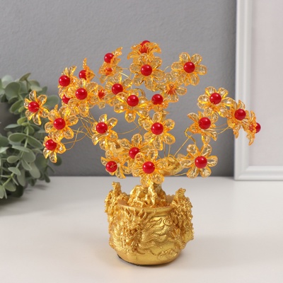 Сувенир бонсай "Цветочное денежное дерево в мешке с драконами" 35 цветов 18х18х7,5 см