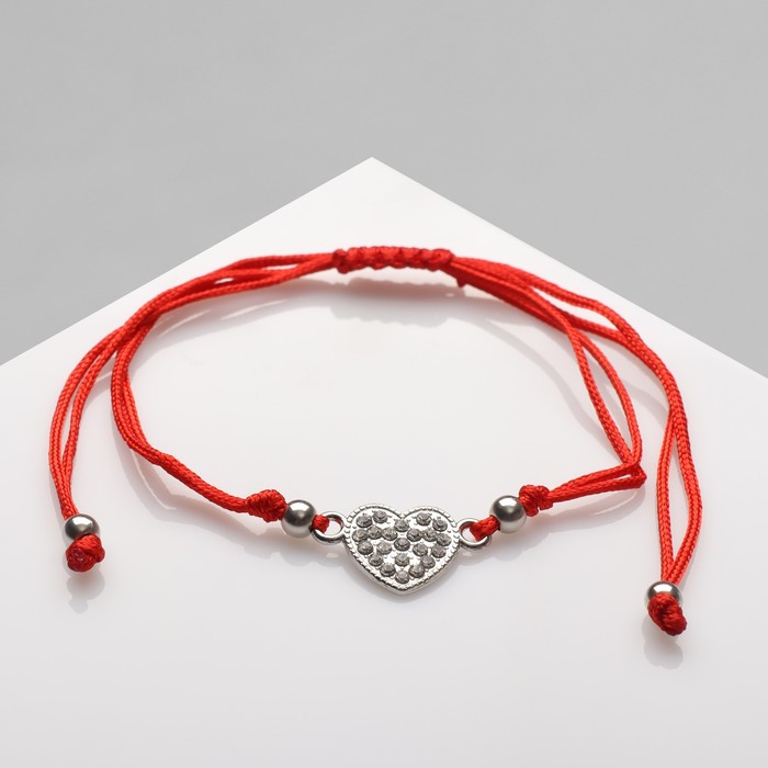 Браслет «Красная нить» сердце, цвет белый в серебре, 6 см - Фото 1