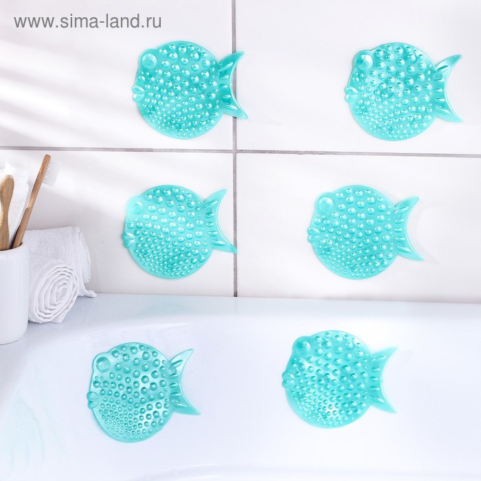Набор мини-ковриков для ванны на присосках Доляна «Рыбка-шар», 10×11 см, 4 шт, цвет МИКС - Фото 1