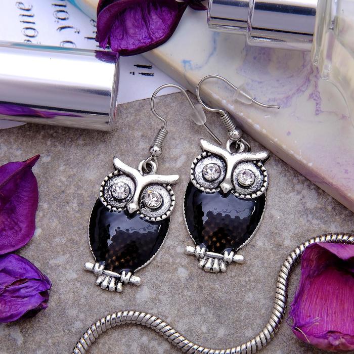 Серьги с эмалью «Сова» винтажные цвет чёрный в серебре - Фото 1