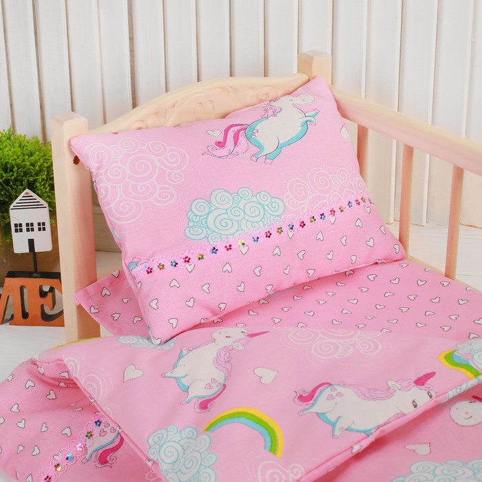Постельное бельё для кукол «Единорог на розовом», простынь, одеяло, подушка - фото 1886399862